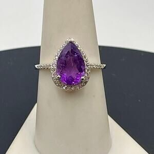 S925 Sterling Silver Pear‎ Shaped Purple Amethyst CZ ring Sze 8.25